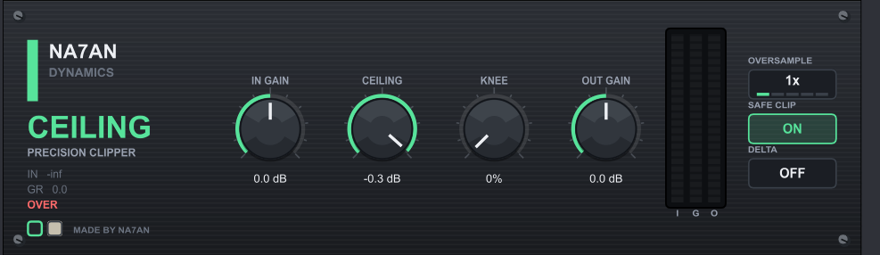 O painel do CEILING: IN GAIN, CEILING, KNEE, OUT GAIN, o medidor de três colunas, OVERSAMPLE, SAFE CLIP e DELTA