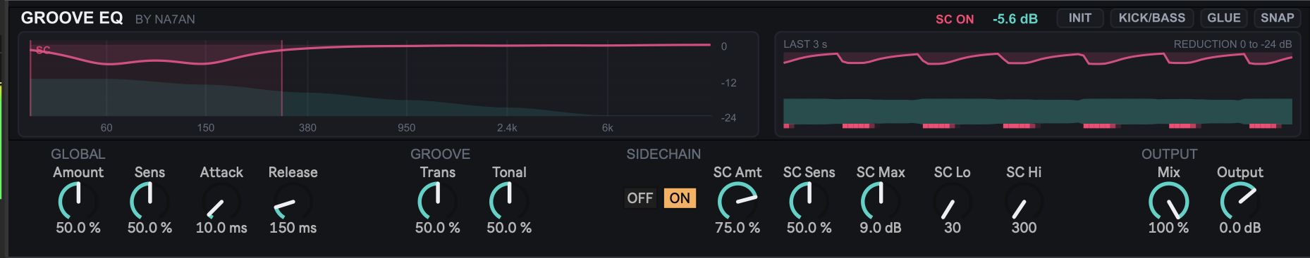 O painel inteiro do GrooveEQ: a curva das seis bandas sobre o espectro, o histórico dos últimos três segundos com o kick mordendo, e a fileira de knobs com o sidechain ligado em 30 a 300 Hz