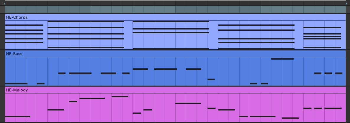 Os clipes HE-Chords, HE-Bass e HE-Melody no Arrangement do Live, com as notas visíveis
