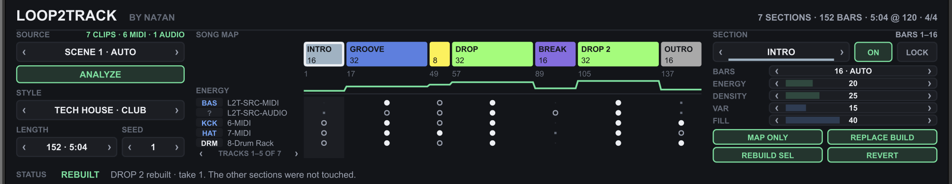 O painel do LOOP2TRACK depois de um BUILD: a fonte, o mapa da música com sete seções, a matriz de faixas e o painel da seção
