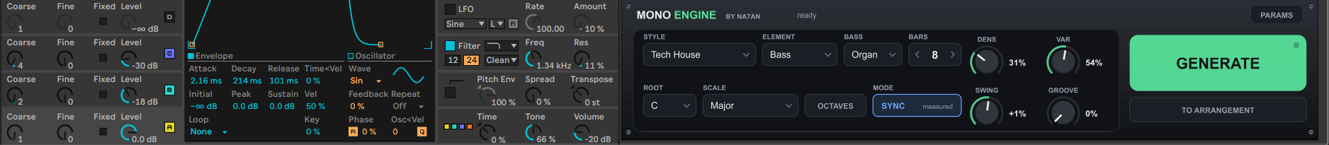 A cadeia no Live: o Operator à esquerda, com o patch de baixo escrito, e o MONO ENGINE à direita, no mesmo instante