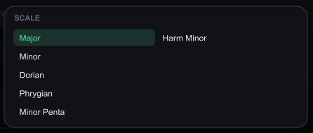 O menu SCALE do device: Major, Minor, Dorian, Phrygian, Minor Penta e Harm Minor